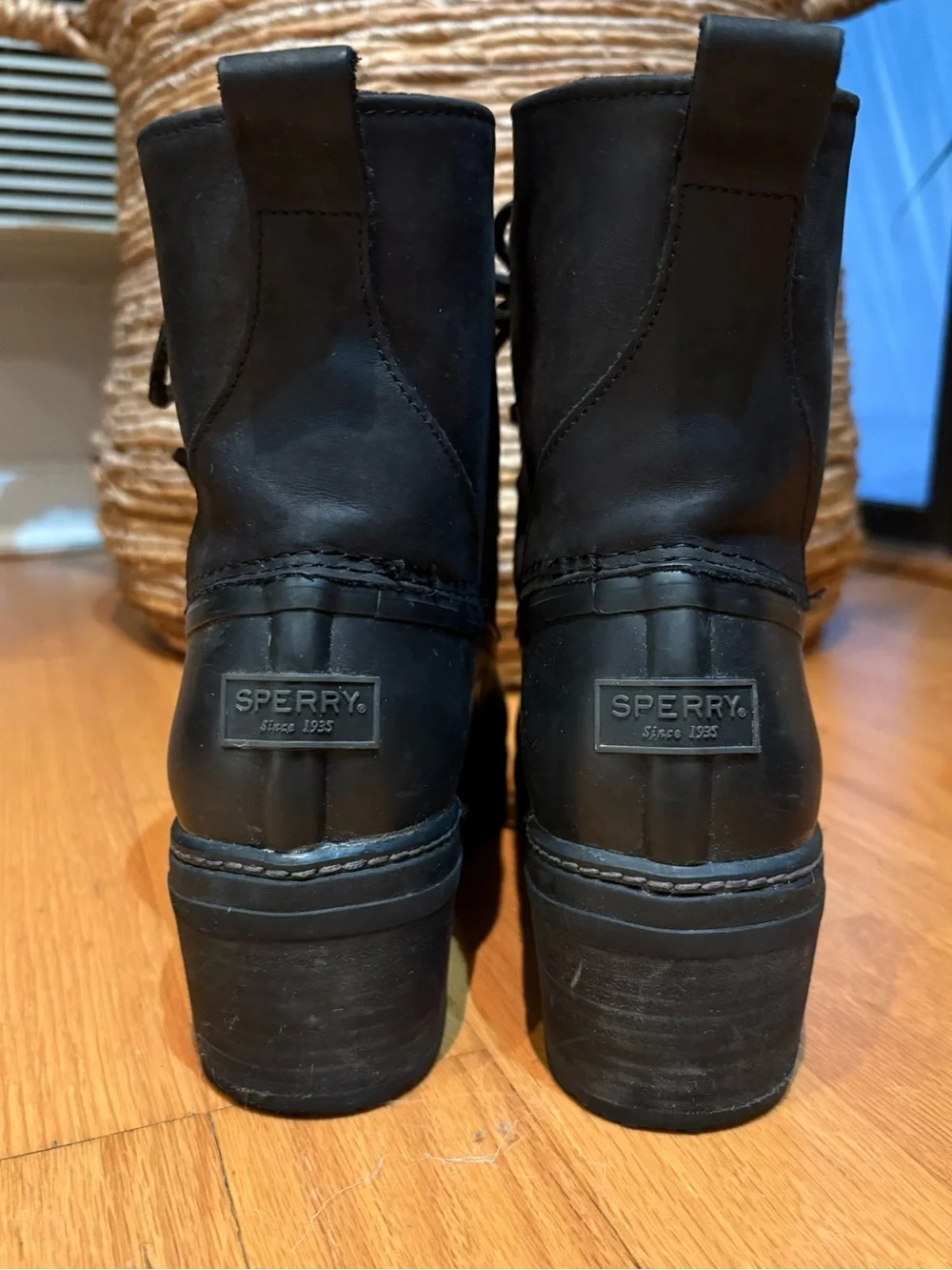 Sperry Top-Sider Saltwater Heeled Duck Boots Black Matte Rubber Leather - Sz 10